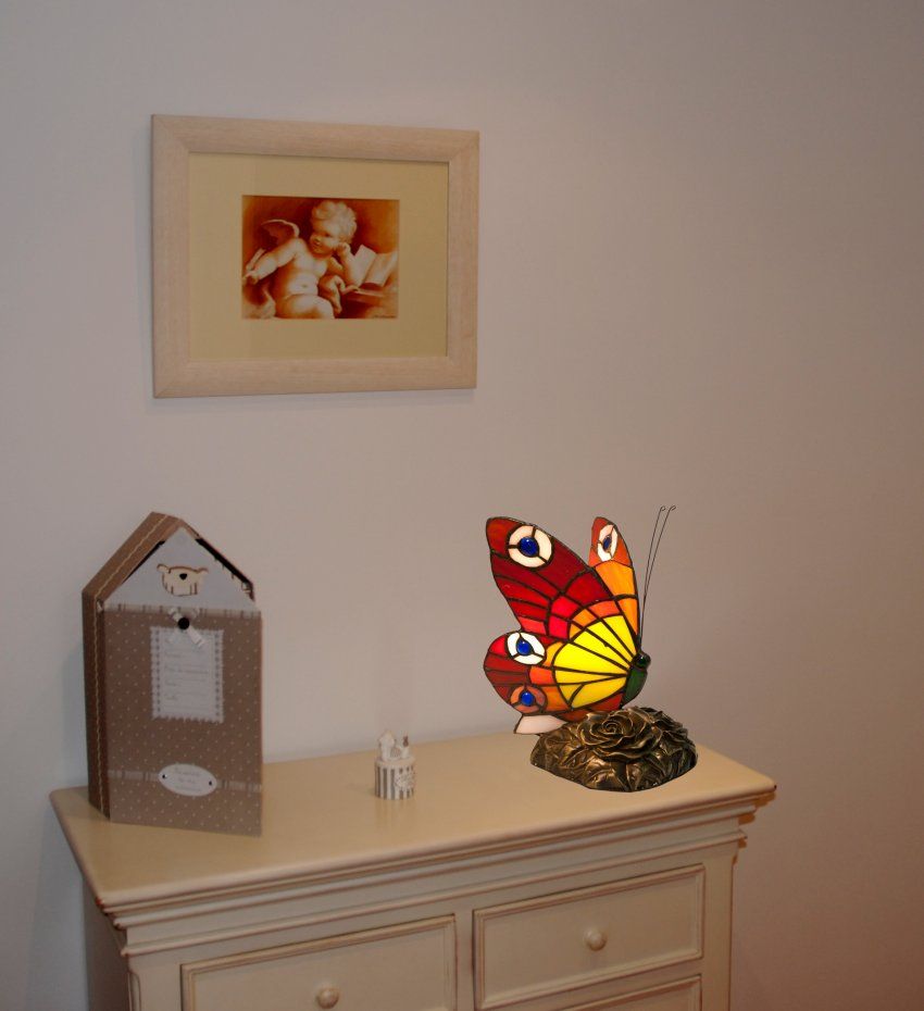 L.23cm. Lámpara de mesa figura Tiffany mariposa tonos rojos Serie Compact II