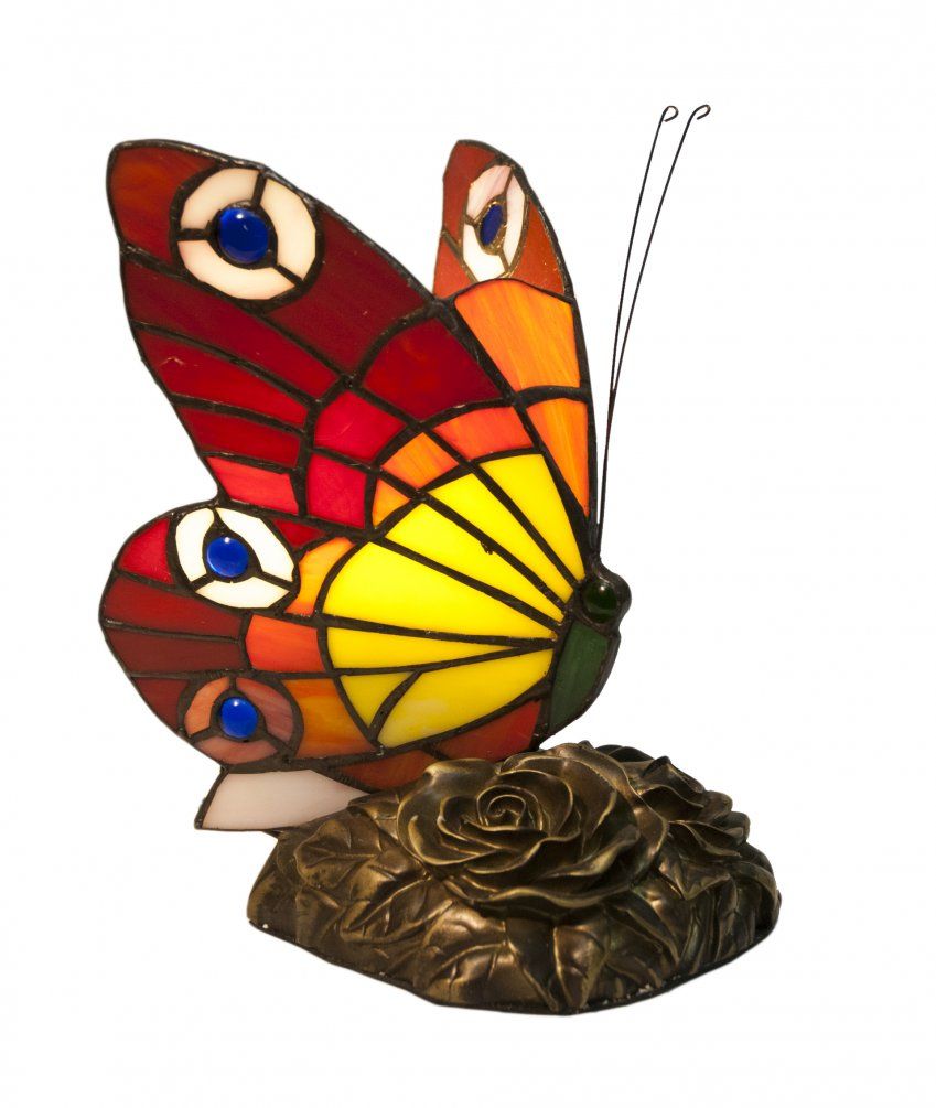 L.23cm. Lámpara de mesa figura Tiffany mariposa tonos rojos Serie Compact II